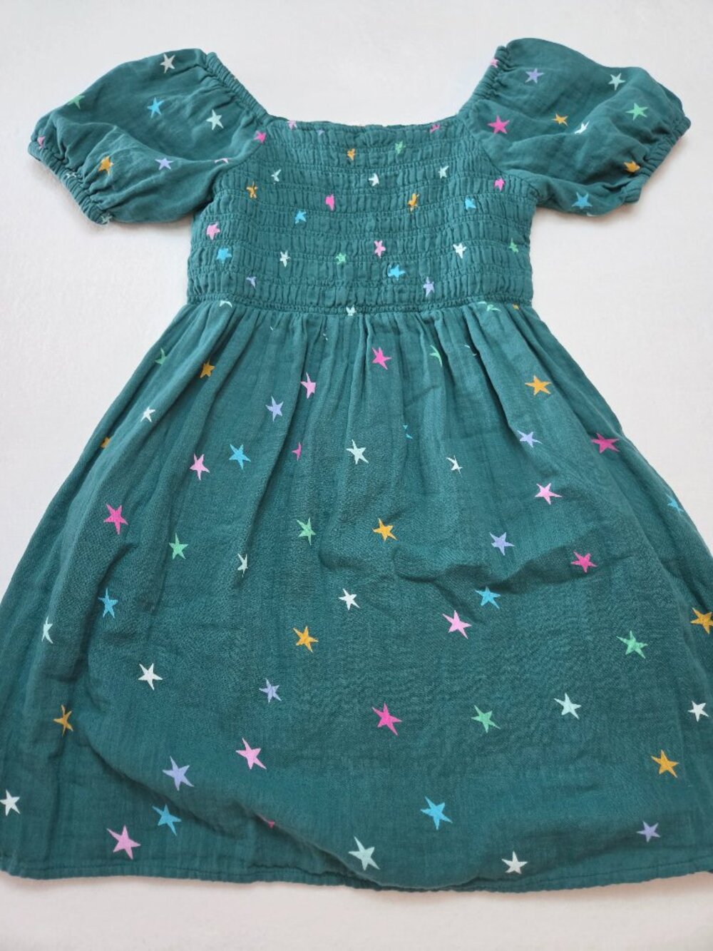 Cat & Jack Teal Green Star Smocked Puff Sleeve Dress Girls Size L 10/12